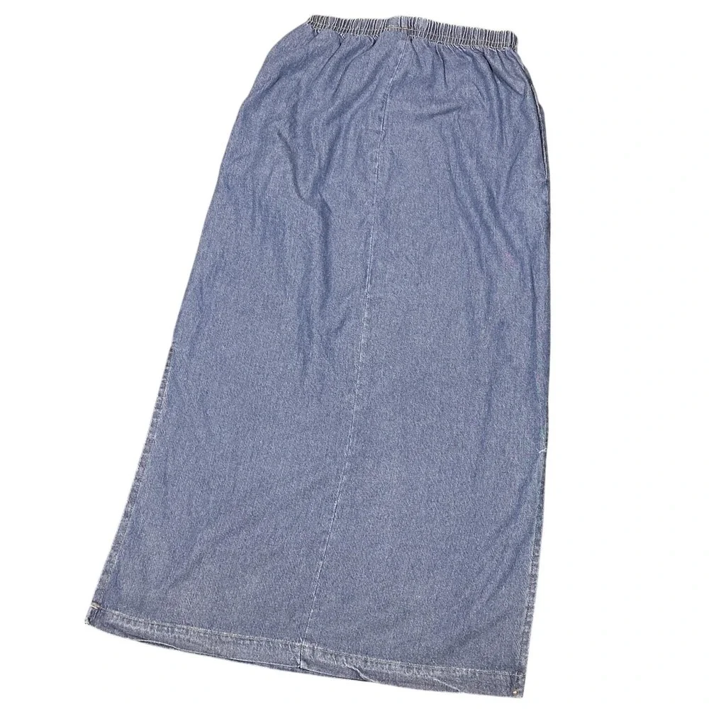 1990s Better Than Basic Denim Medium Maxi Skirt  Blue Modest Side Slit‎ Pockets